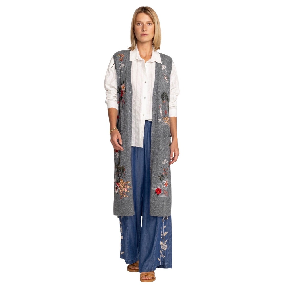 $498 Johnny Was Gray Wool Cashmere Heron Vest Embroidered Crane Floral XL Duster